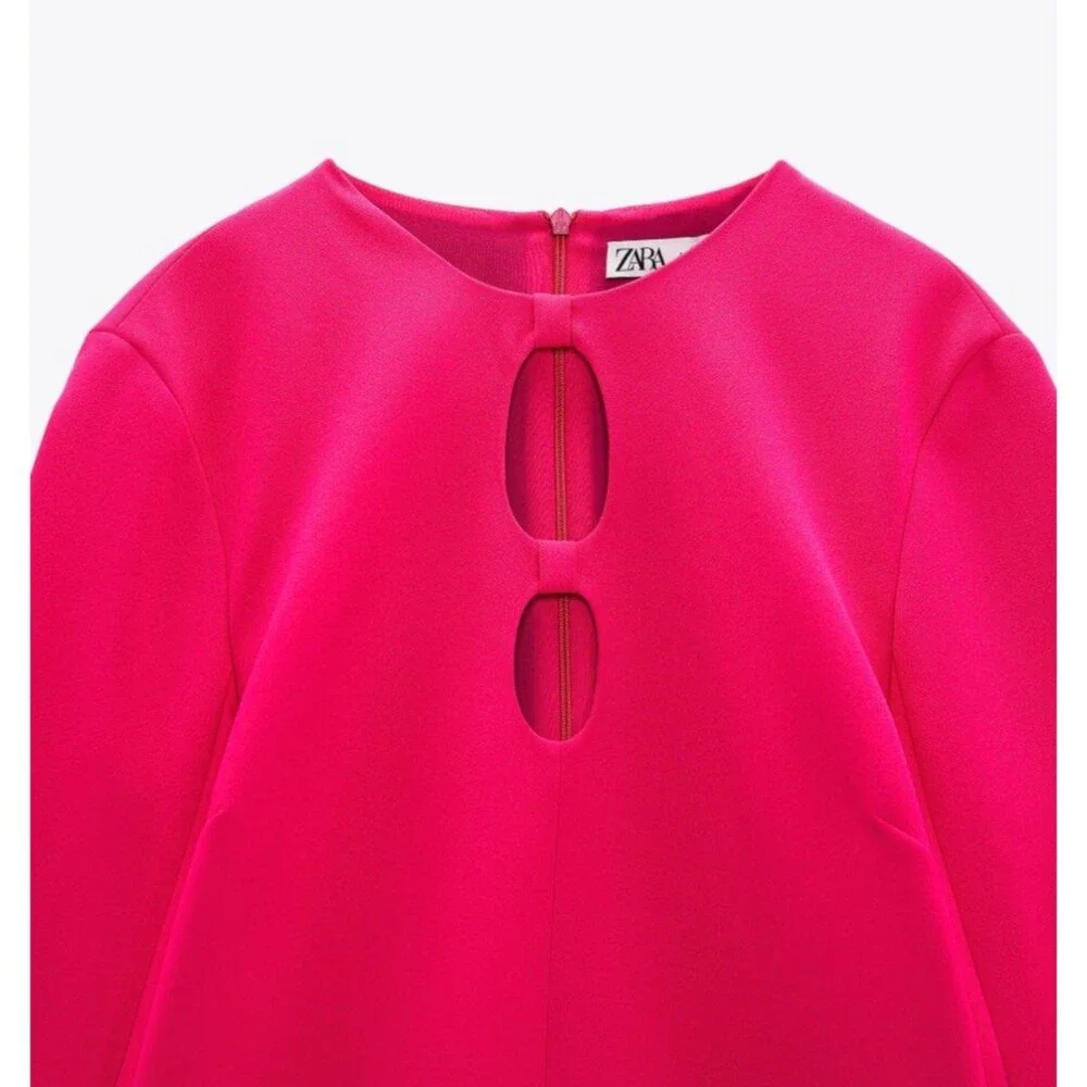 Hot Pink Zara Front Cutout Flare Sleeve Round Neck Mini Dress (NWT) - Picture 9 of 11